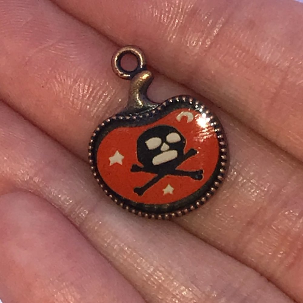 Cute Brass Skull and Crossbones Pumpkin Shaped Charm